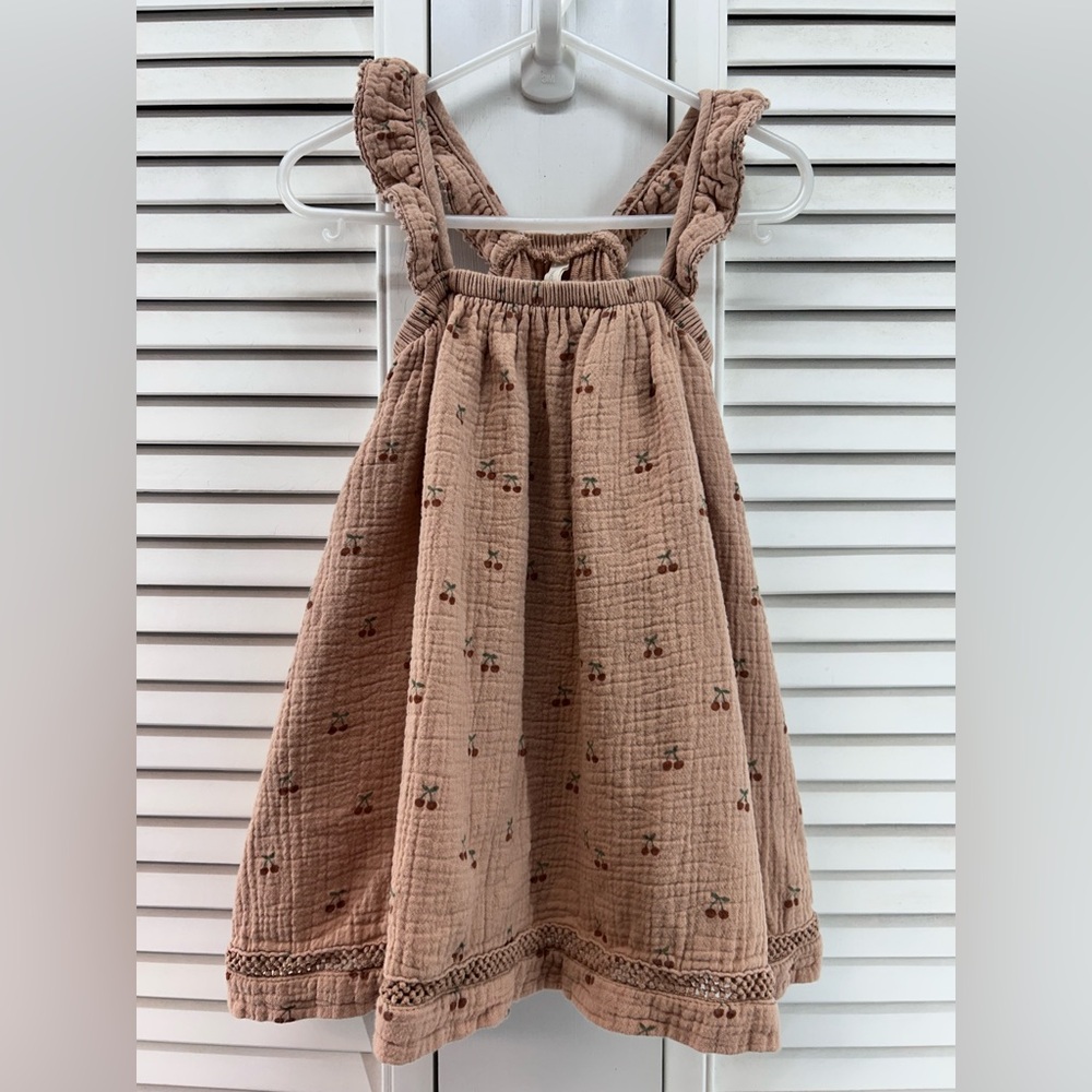 Quincy Mae size 2-3 gauze ruffled tank Dress in Tan with Cherry Pattern